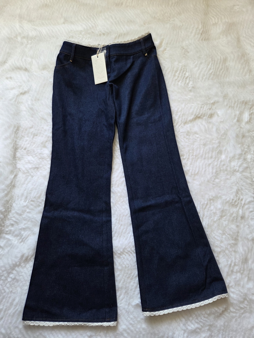 Fleurette Paris  Low RiseDark Blue Wide-Leg Jeans with Lace Trim